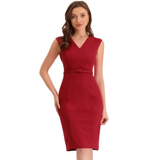 Unique Bargains Work Office Dress for Women's Sleeveless Wrap V