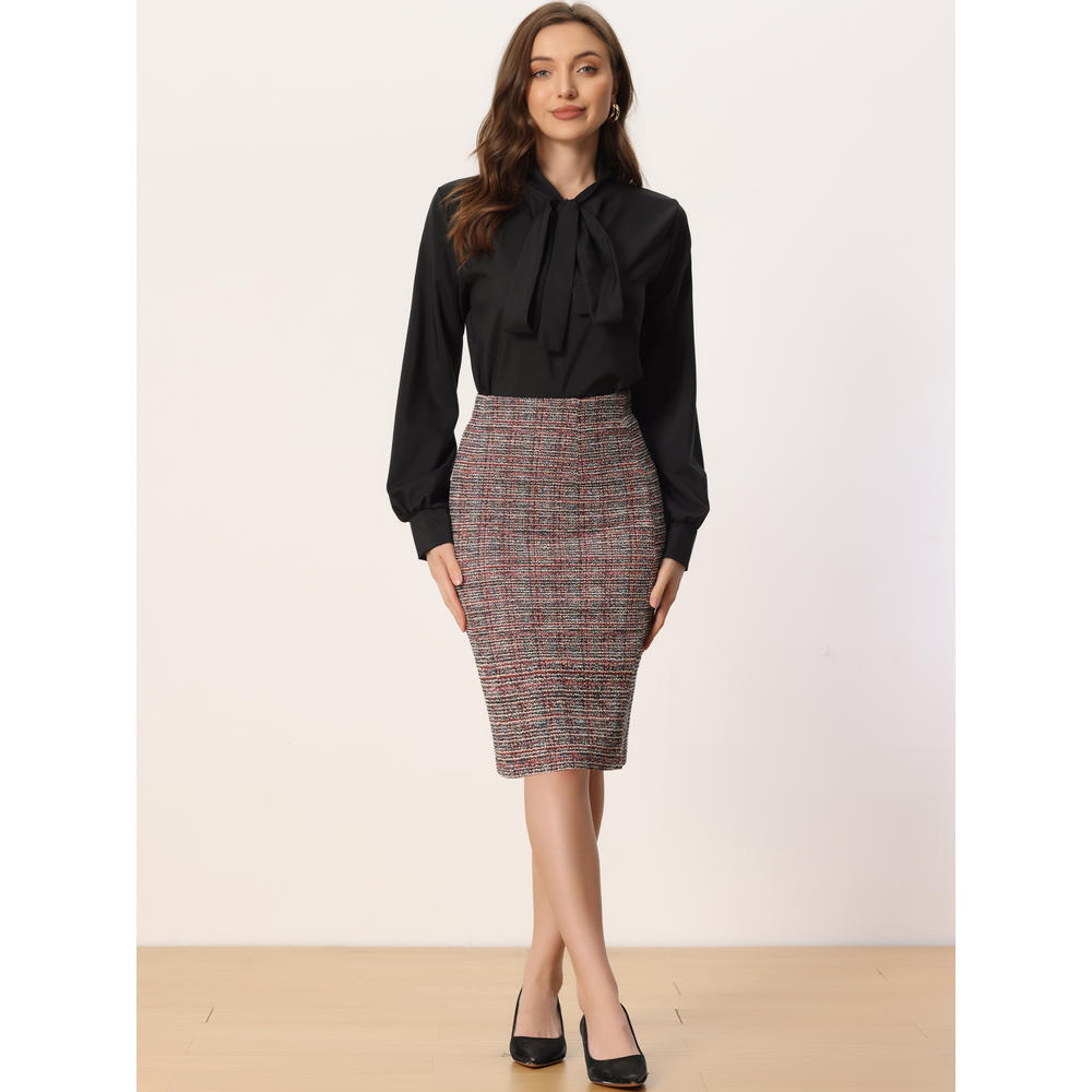 Unique Bargains Plaid Tweed Skirt for Women's High Waist Split Casual Office Pencil Wrap Skirts