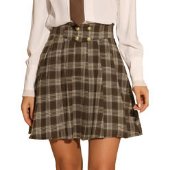 Unique Bargains Vintage Plaid Skirt for Women's Double Breasted A-Line Pleated Mini Skirts