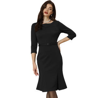 Unique Bargains Business Elegant Dresses for Women's Boat Neck Half Sleeve Pleated Midi Dress Black S Unique Bargains Business Elegant Dresses for Women's Boat Neck Half Sleeve Pleated Midi Dress Black S