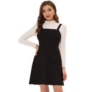 Unique Bargains Women's Faux Suede Button Decor A-Line Mini Overall Dress Black M Unique Bargains Women's Faux Suede Button Decor A-Line Mini Overall Dress Black M