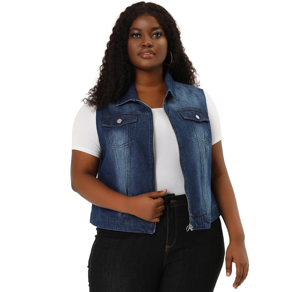 Unique Bargains Agnes Orinda Women's Plus Size Trucker Vest Zipper Front Sleeveless Denim Vests