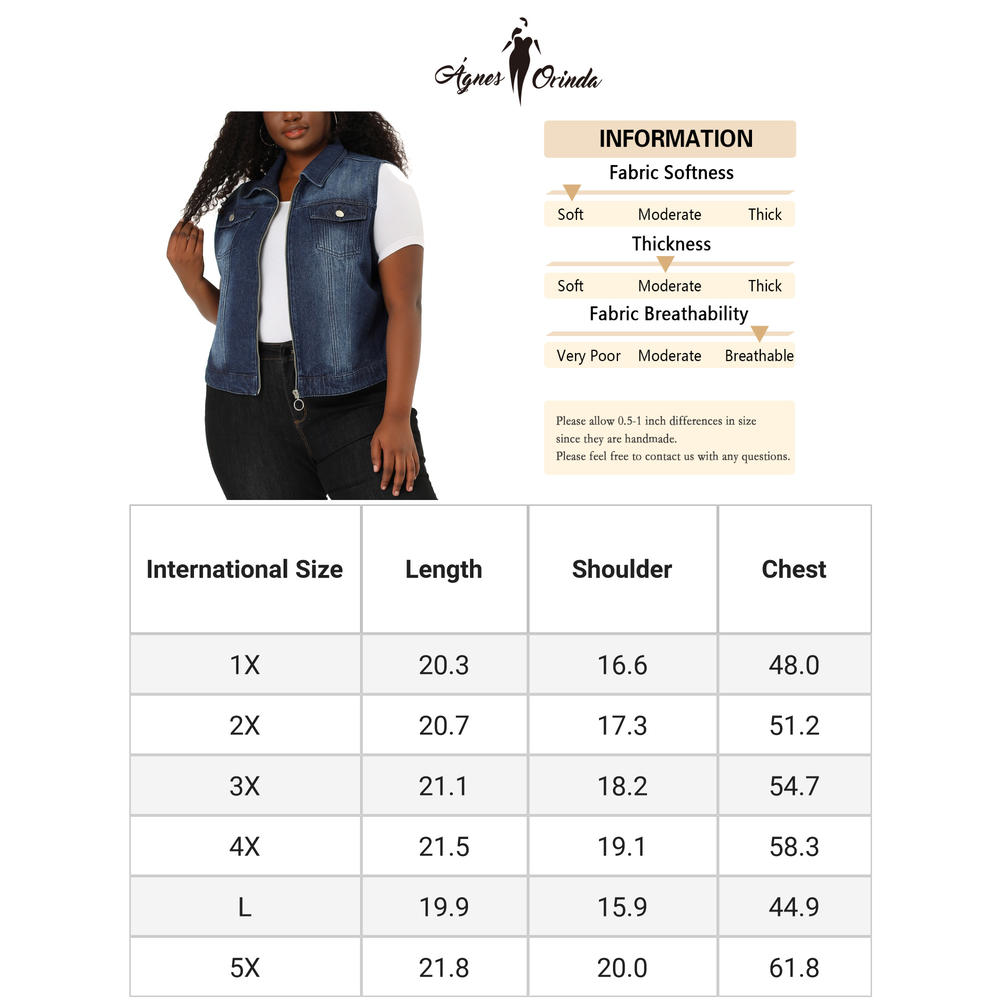 Unique Bargains Agnes Orinda Women's Plus Size Trucker Vest Zipper Front Sleeveless Denim Vests