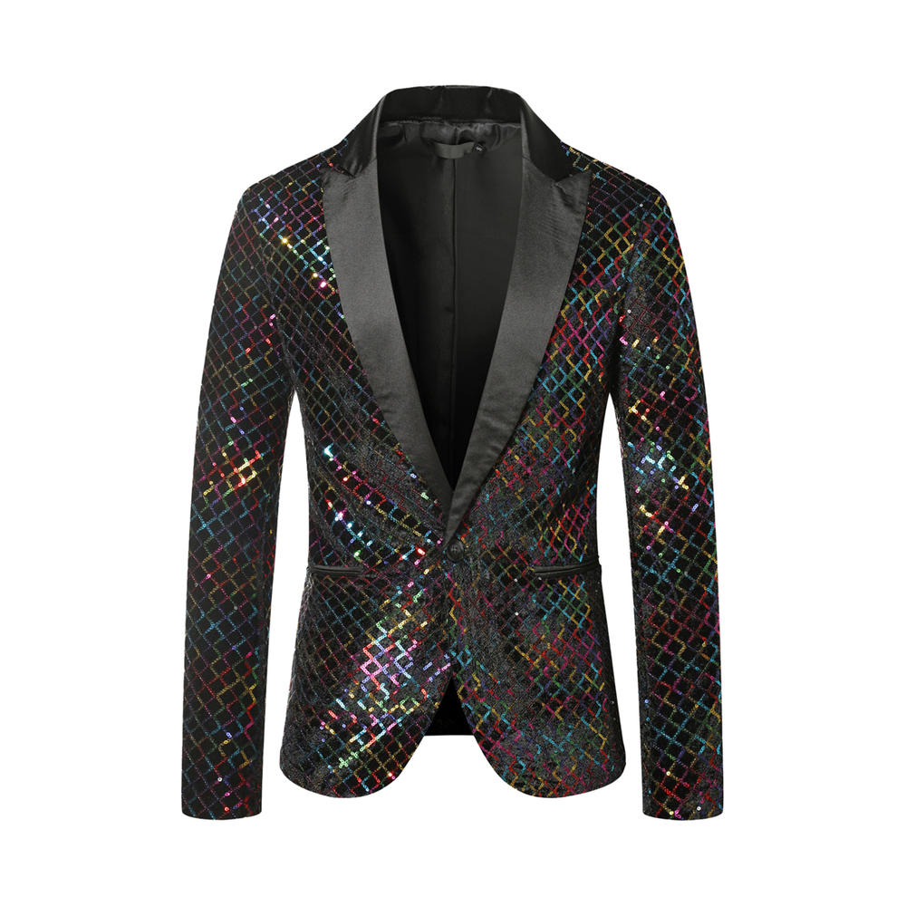 Unique Bargains Sequin Blazer for Men's Peak Lapel Prom Party Shining Plaid Sports Coat