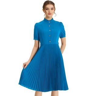 Unique Bargains Women's Half Placket Shirt Dress Short Sleeve Ruffle Stand Neck Pleated Midi Dresses with Belt Bright Blue S Unique Bargains Women's Half Placket Shirt Dress Short Sleeve Ruffle Stand Neck Pleated Midi Dresses with Belt Bright Blue S