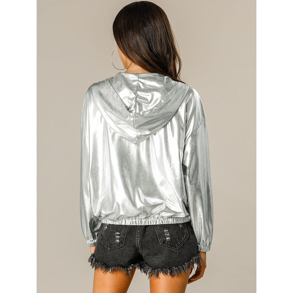 Unique Bargains Women's Holographic Shiny Long Sleeve Zipper Hooded Metallic Jacket