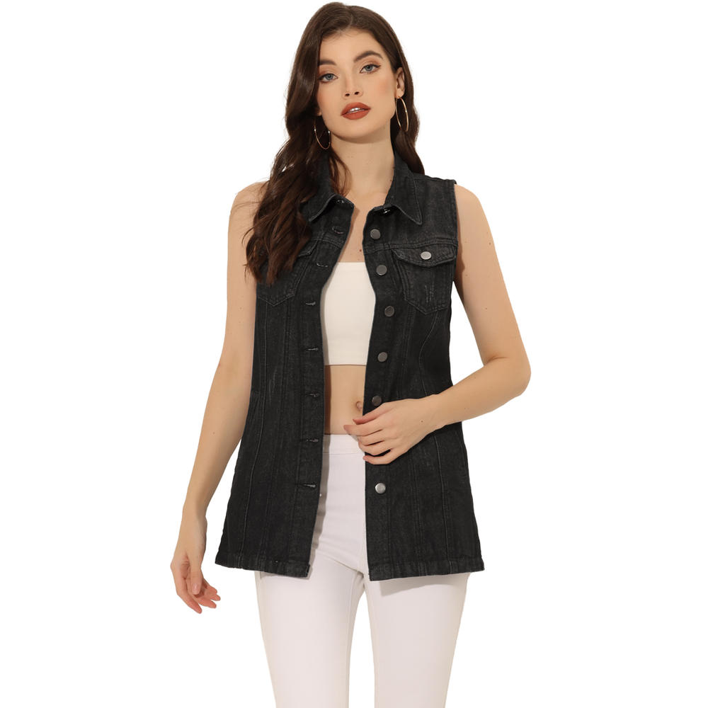 Unique Bargains Allegra K Women's Button Down Sleeveless Mid Long Denim Jean Vest Jacket