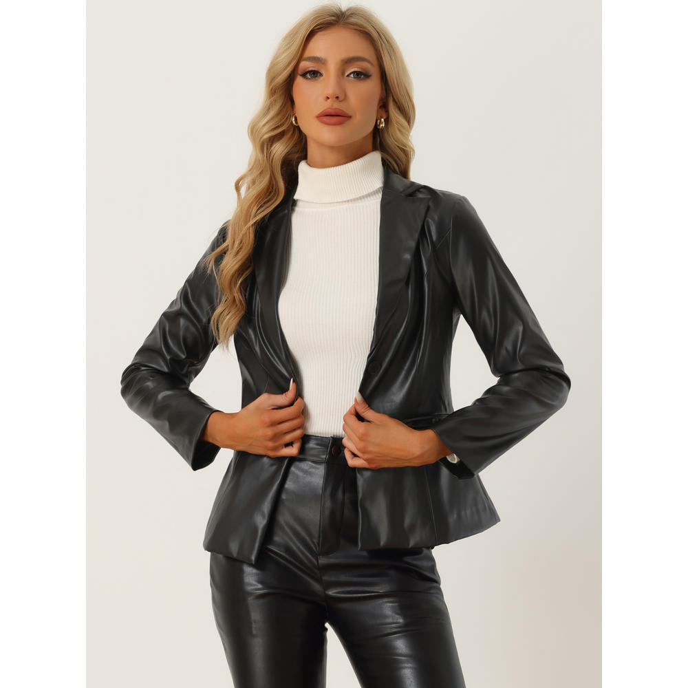 Unique Bargains Women's Faux Leather Jacket Notched Lapel Single-Breasted Blazer Coat