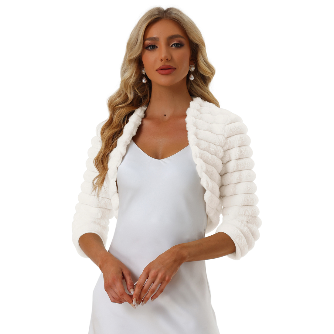 Unique Bargains Women's Cropped Jacket for Dress Open Front Bolero Faux Fur Shrug