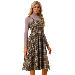 Unique Bargains Women's Plaid Overalls Vintage Sleeveless A-Line Overall Pinafore Dress Suspender Skirt