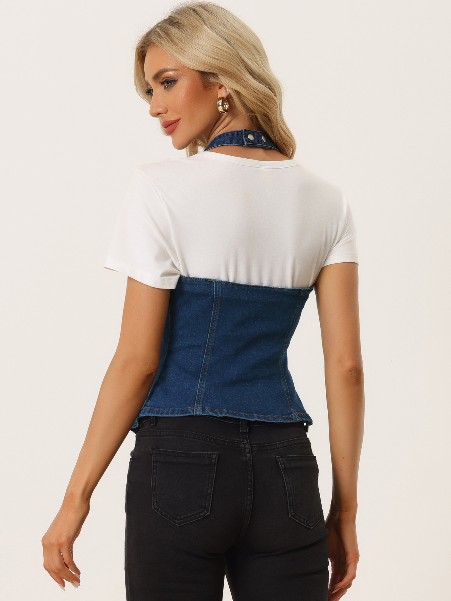 Unique Bargains Casual Denim Vest for Women's Halter Neck Button Down Backless Jean Waistcoat