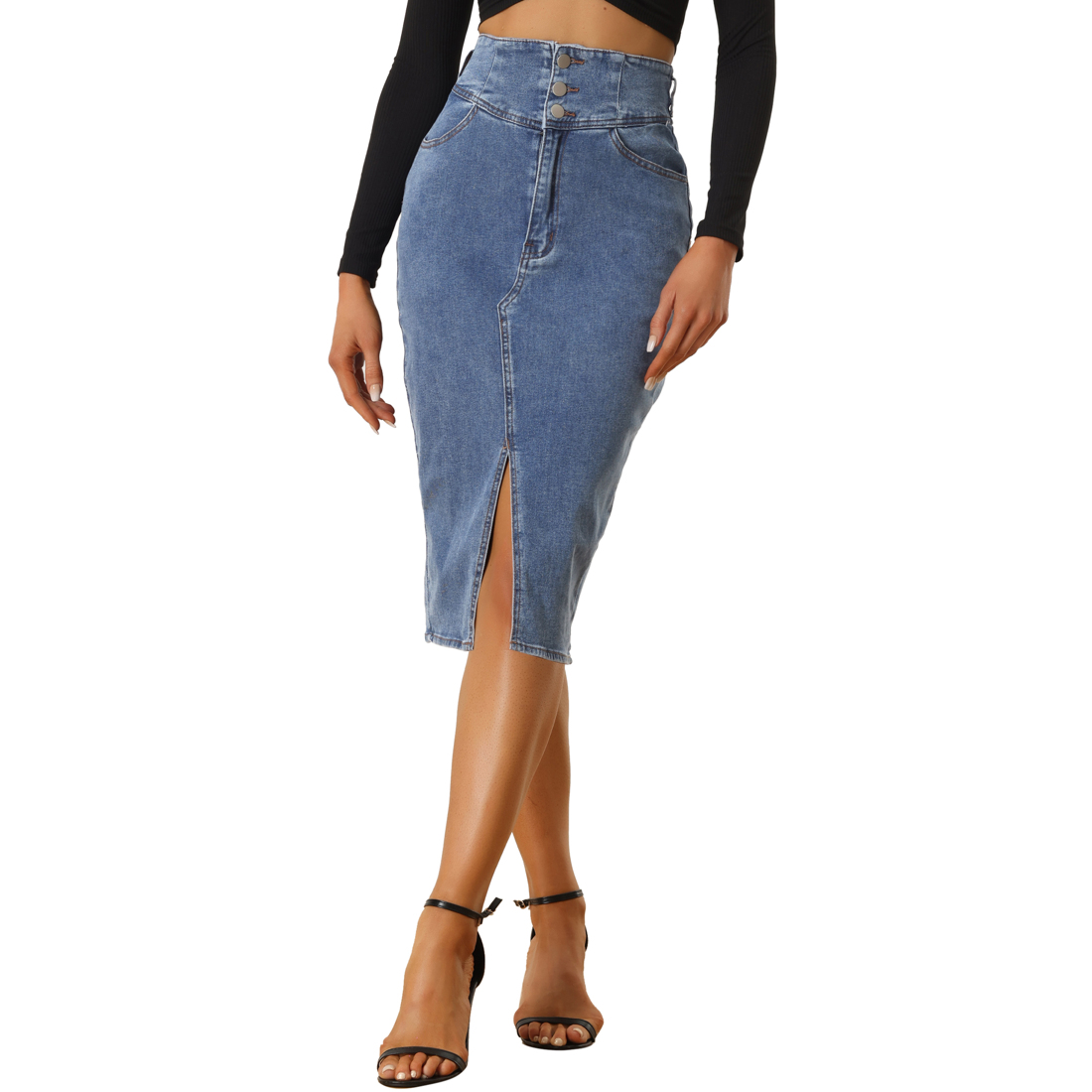 Unique Bargains Casual Denim Skirt for Women’s High Waist Split Hem Midi Jean Pencil Skirts