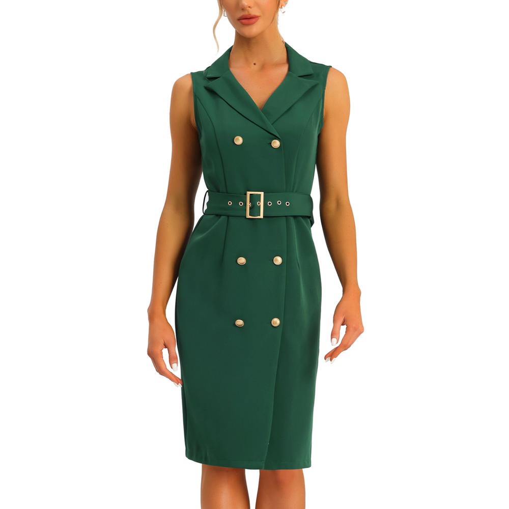 Unique Bargains Women's Sleeveless Notched Lapel Double Breasted Belted Work Office Dress Blazer Dresses