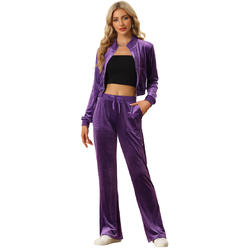 Unique Bargains Women's Two Piece Outfits Crop Top Zip Jacket Flare Pants Set Velour Tracksuit