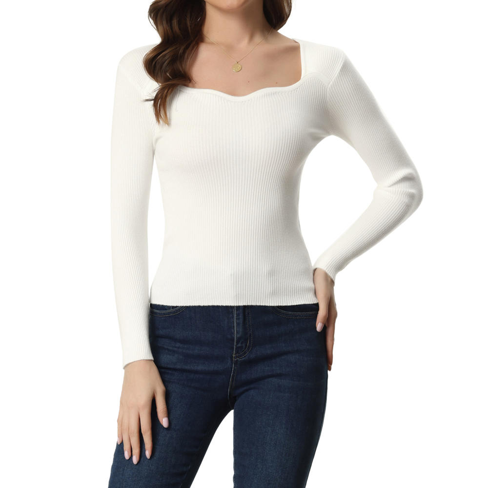 Unique Bargains Women's Sweetheart Neck Sweater Casual Long Sleeve Top Slim Fit Pullover Sweater