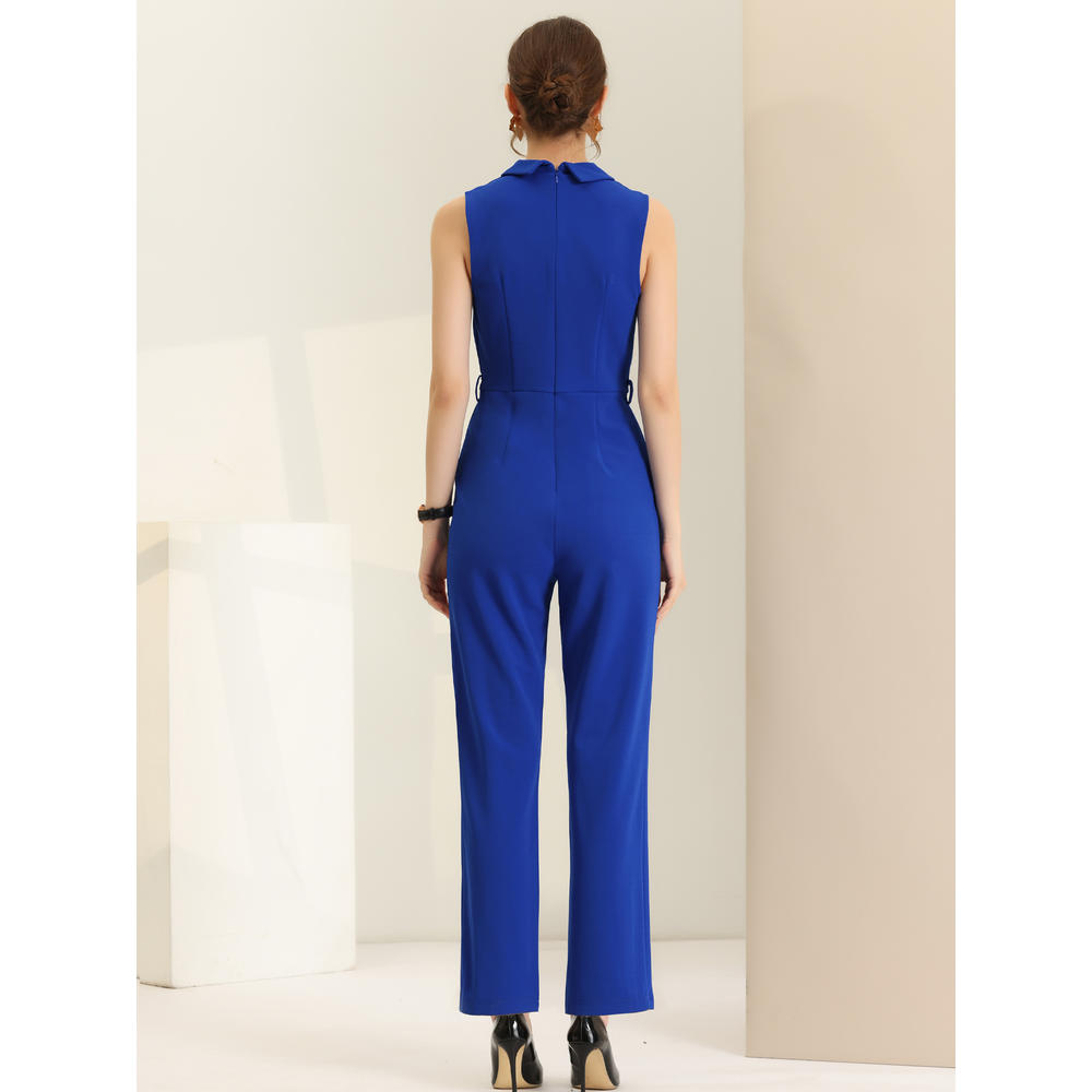 Unique Bargains Women's Casual Sleeveless Shawl Collar Office Belted Cropped Jumpsuit Romper