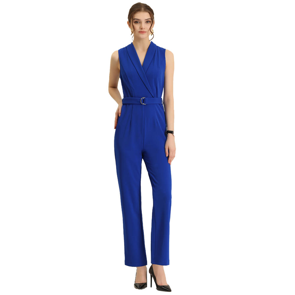 Unique Bargains Women's Casual Sleeveless Shawl Collar Office Belted Cropped Jumpsuit Romper