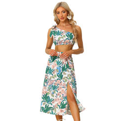 Unique Bargains Women's Summer 2 Piece Outfit Floral Printed Crop Tube Tops and Split Long Skirt Set