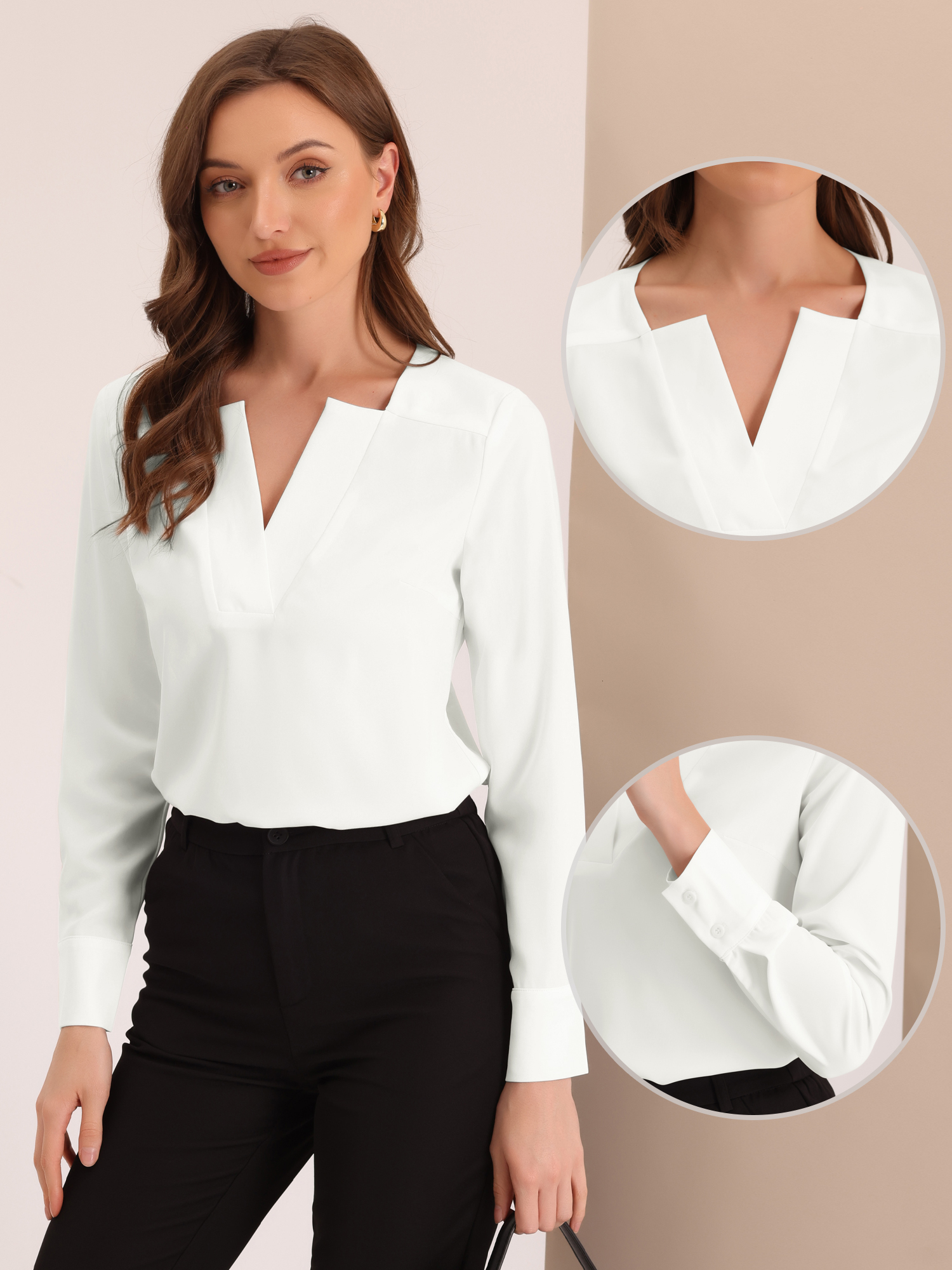 Unique Bargains Work Office Blouse for Women's Long Sleeve V Neck Blouse