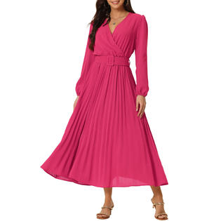 Unique Bargains Women's 2023 Spring Fall Long Puff Sleeve Wrap V Neck Flowy Ruffle Pleated Midi Dress with Belt Unique Bargains Women's 2023 Spring Fall Long Puff Sleeve Wrap V Neck Flowy Ruffle Pleated Midi Dress with Belt