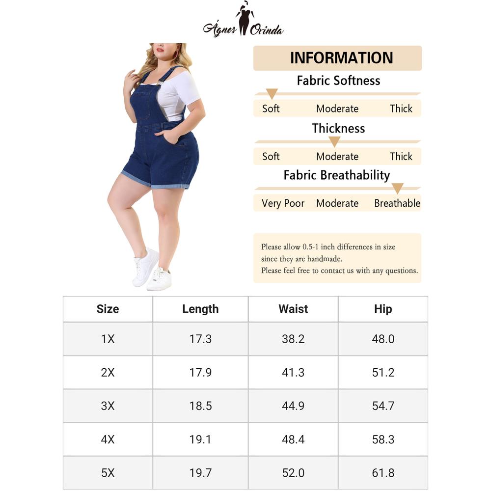 Unique Bargains Agnes Orinda Plus Size Overall Shorts for Women Jumpsuit Roll Hem Pocket Jean Denim Overalls