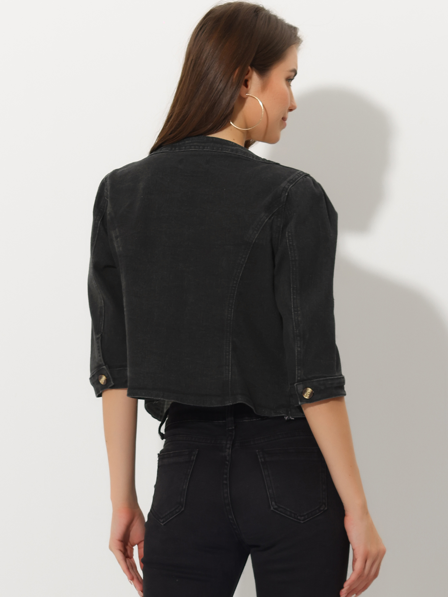 Unique Bargains Denim Jacket for Women's Collarless Pockets 3/4 Sleeve Jean Jackets