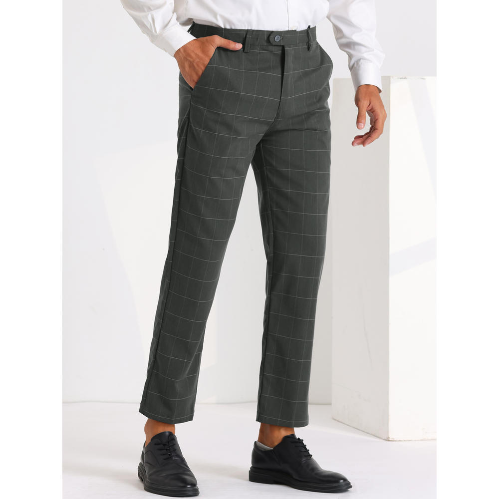 Unique Bargains Plaid Dress Pants for Men's Slim Fit Flat Front Stretch Business Checked Trousers