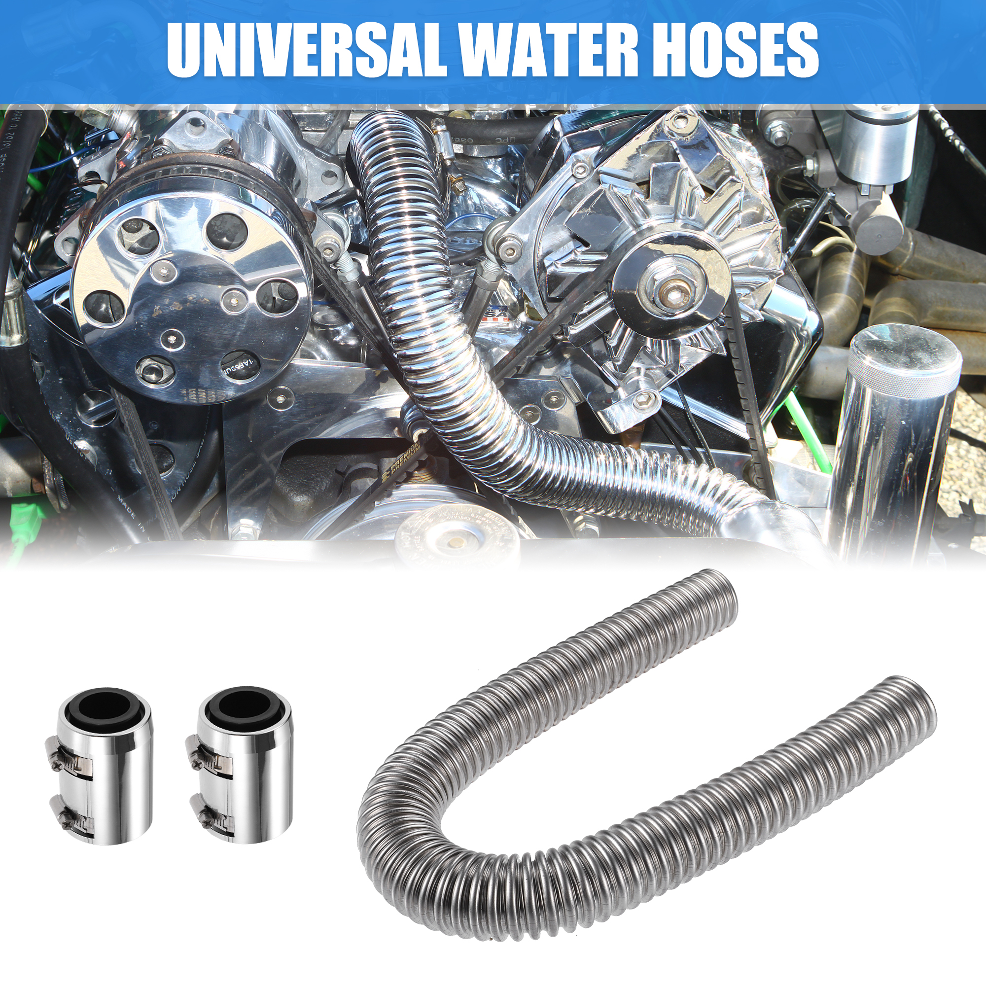 Unique Bargains 1Set 24 inch Flexible Radiator Hose Kit with 2 Clamps Replacement Silver Tone