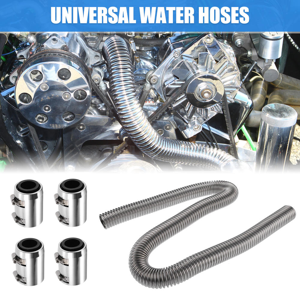Unique Bargains 1Set 48 inch Flexible Radiator Hose Kit with 4 Clamps Replacement Silver Tone
