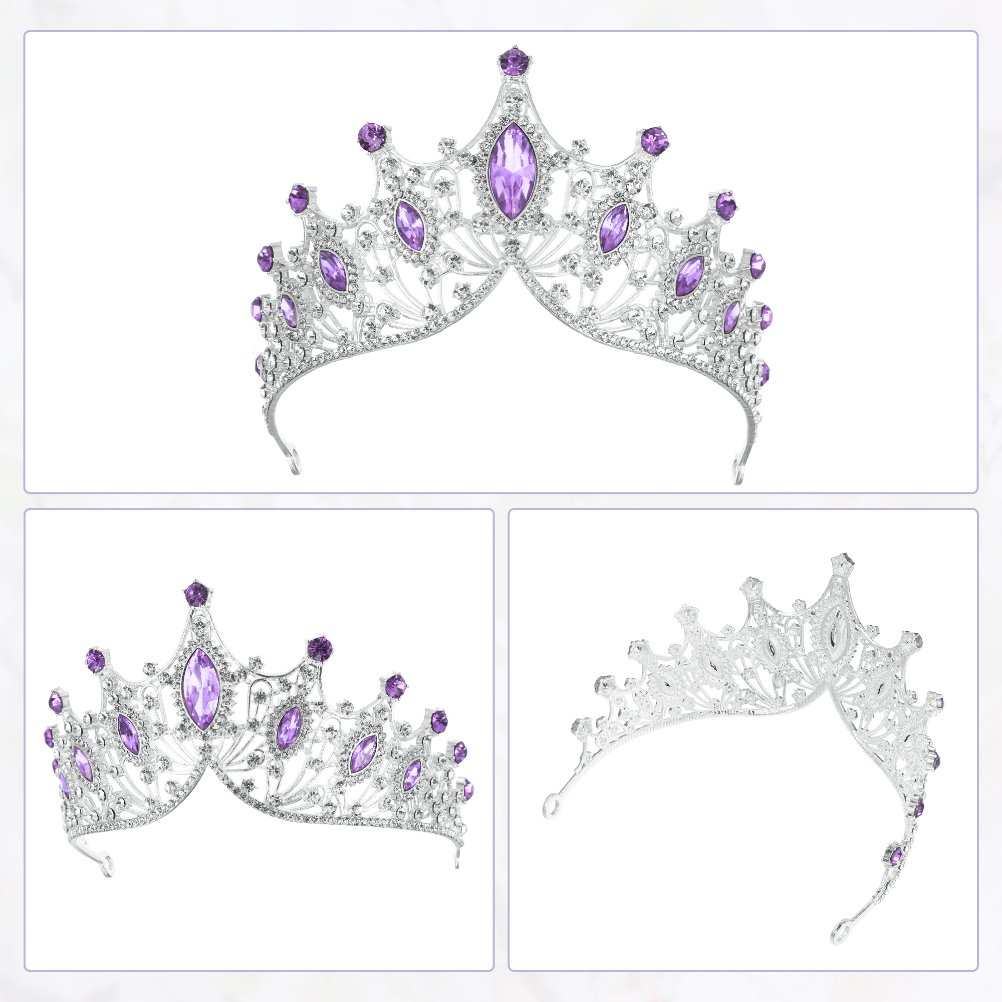 Unique Bargains Women Faux Crystal Princess Crowns Tiara Rhinestone Party Silver Tone Purple