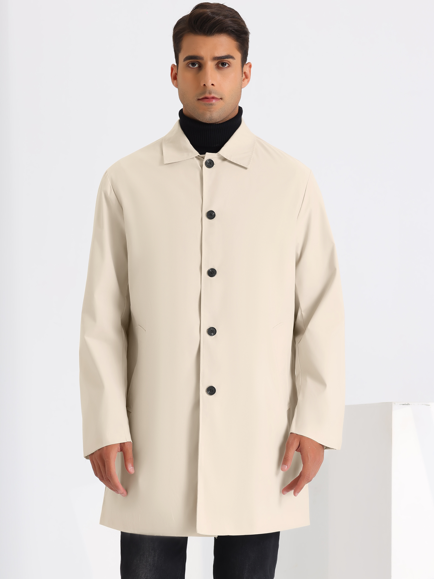 Unique Bargains Trench Coat for Men's Solid Color Collared SIngle Breasted Long Jacket
