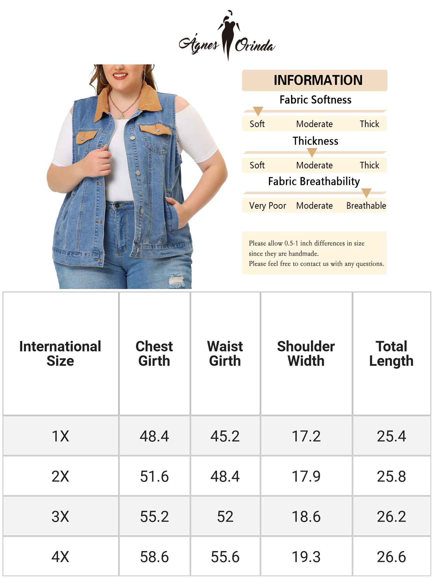 Unique Bargains Agnes Orinda Plus Size Vest for Women Corduroy Jean Contrast Color Denim Jackets Vests