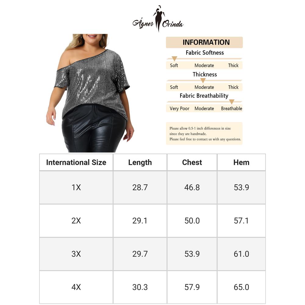 Unique Bargains Plus Size Sequin Tops for Women Sparkly One Shoulder Short Sleeve Party Tops Blouses