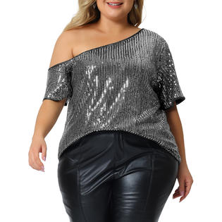 Unique Bargains Plus Size Sequin Tops for Women Sparkly One