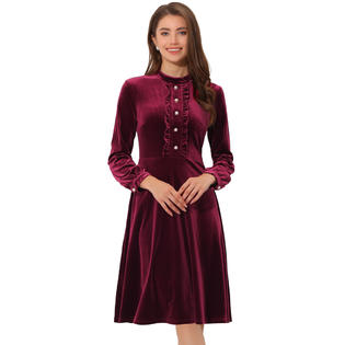 Unique Bargains Velvet Dress for Women's Mock Neck Button Front Ruffle Vintage Flared Dresses Burgundy XL Unique Bargains Velvet Dress for Women's Mock Neck Button Front Ruffle Vintage Flared Dresses Burgundy XL