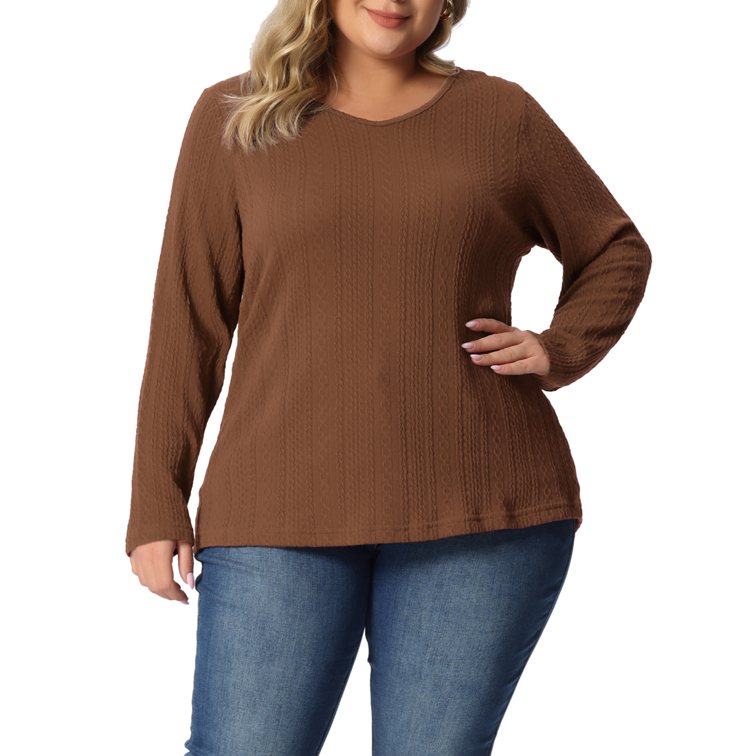 Unique Bargains Plus Size Top for Women Casual Round Neck Long Sleeve Knit Tunic Tops 2023