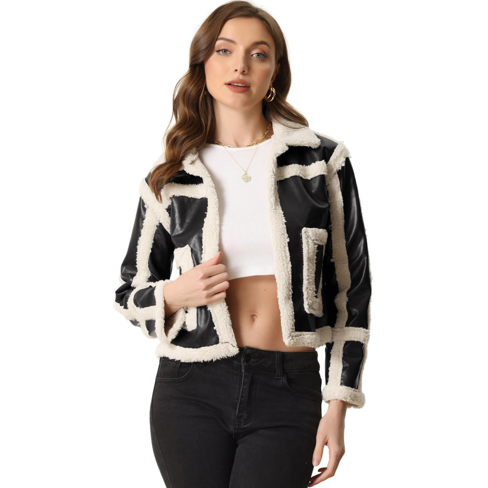 Unique Bargains Women's Faux Fur Paneled PU  Leather Thick Parka Jacket Warm Winter Coat
