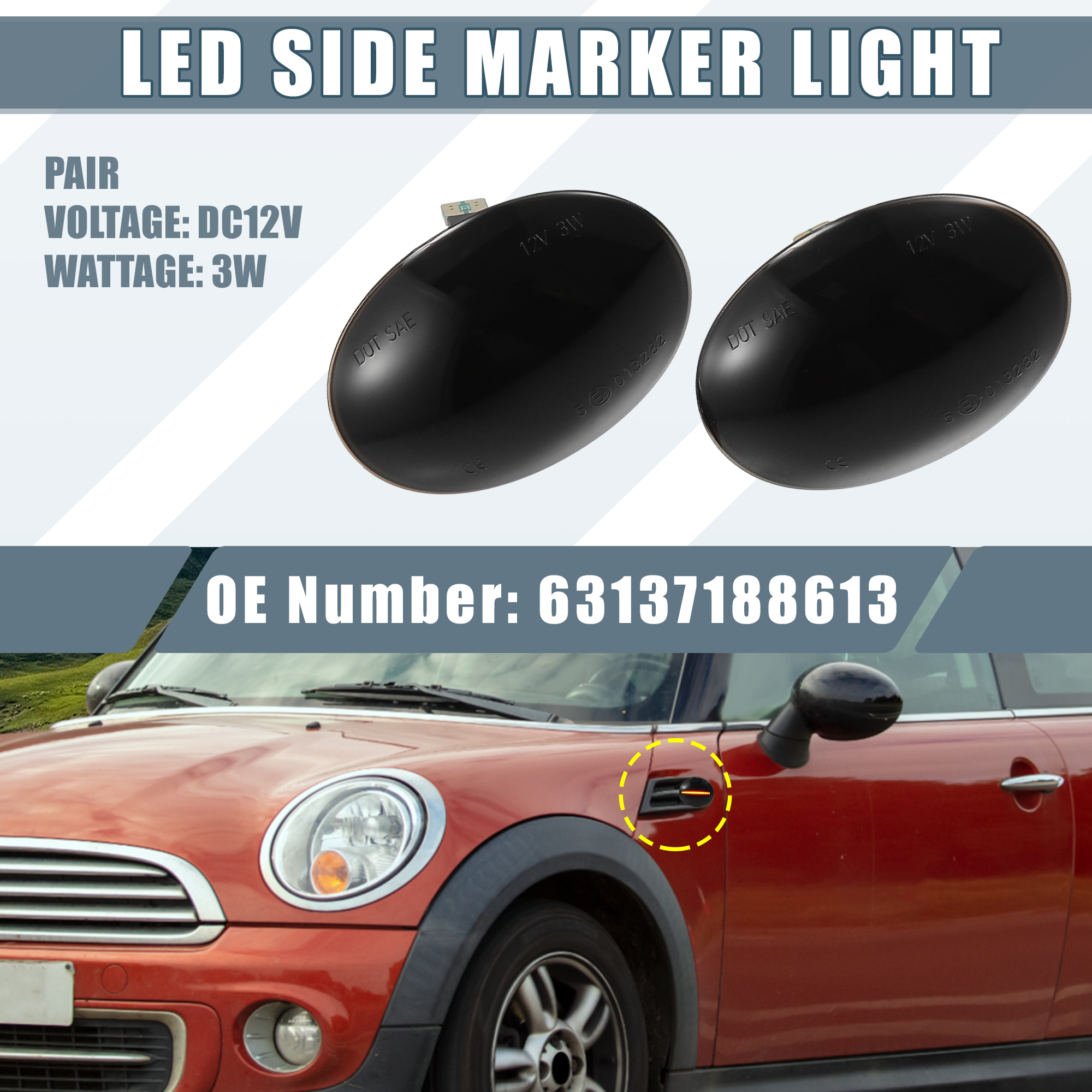 Unique Bargains 2pcs Car LED Side Marker Amber Light 63137188613 for MINI Cooper R55 Clubman