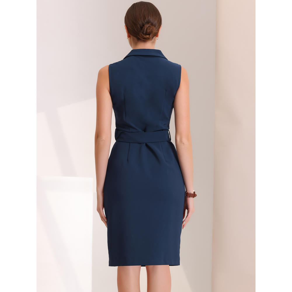 Unique Bargains Women's Sleeveless Notched Lapel Double Breasted Belted Work Office Dress Blazer Dresses