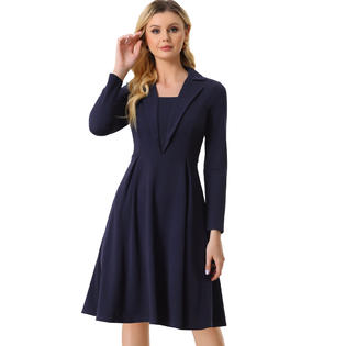 Unique Bargains Women's Elegant Office Dresses Square Neck Long Sleeve Pleated A-line Dress Dark Blue M Unique Bargains Women's Elegant Office Dresses Square Neck Long Sleeve Pleated A-line Dress Dark Blue M
