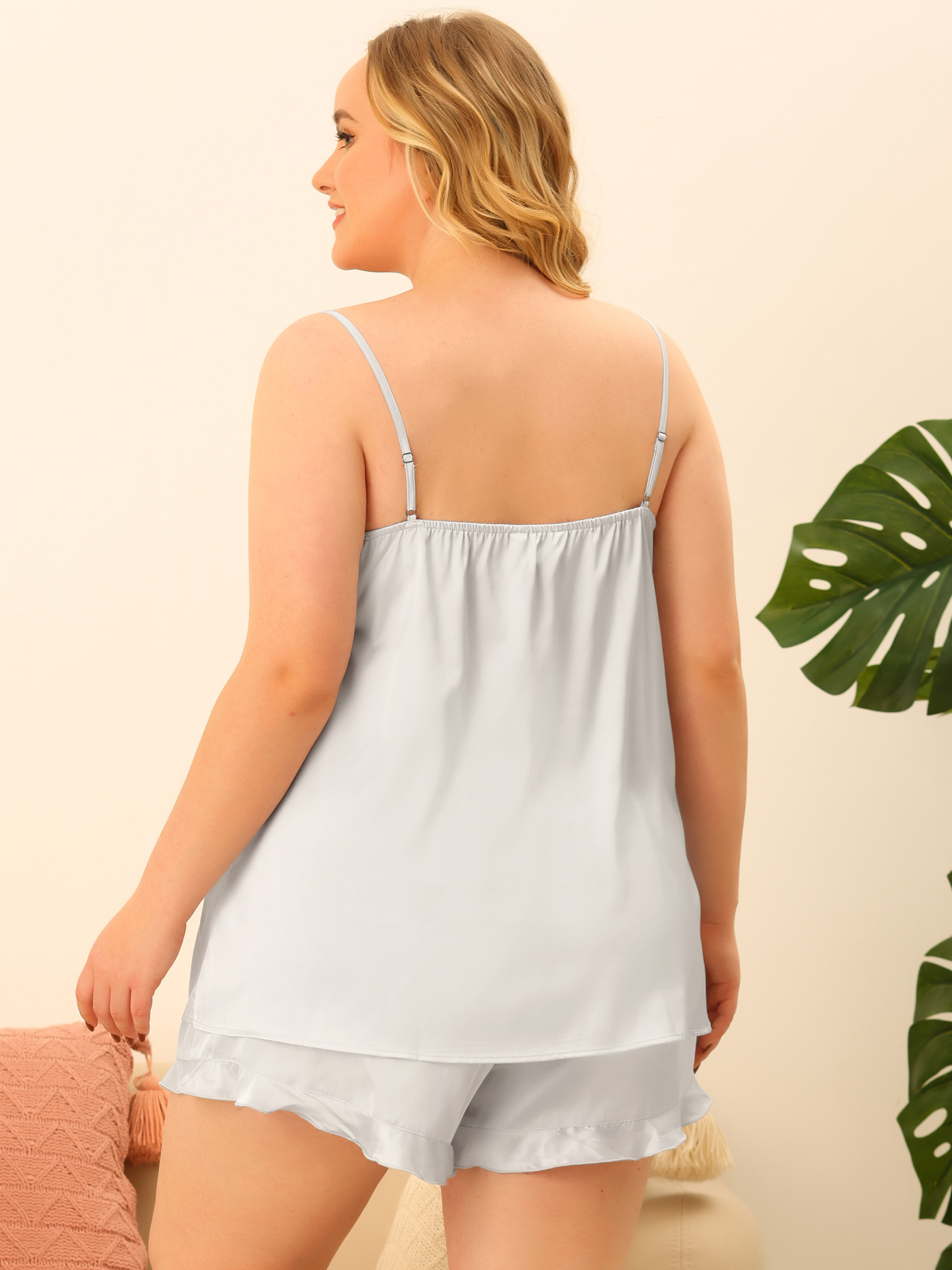 Unique Bargains Women's Plus Size Pajama Set Silk Ruffle Cami Elastic Waist Sleep Wear