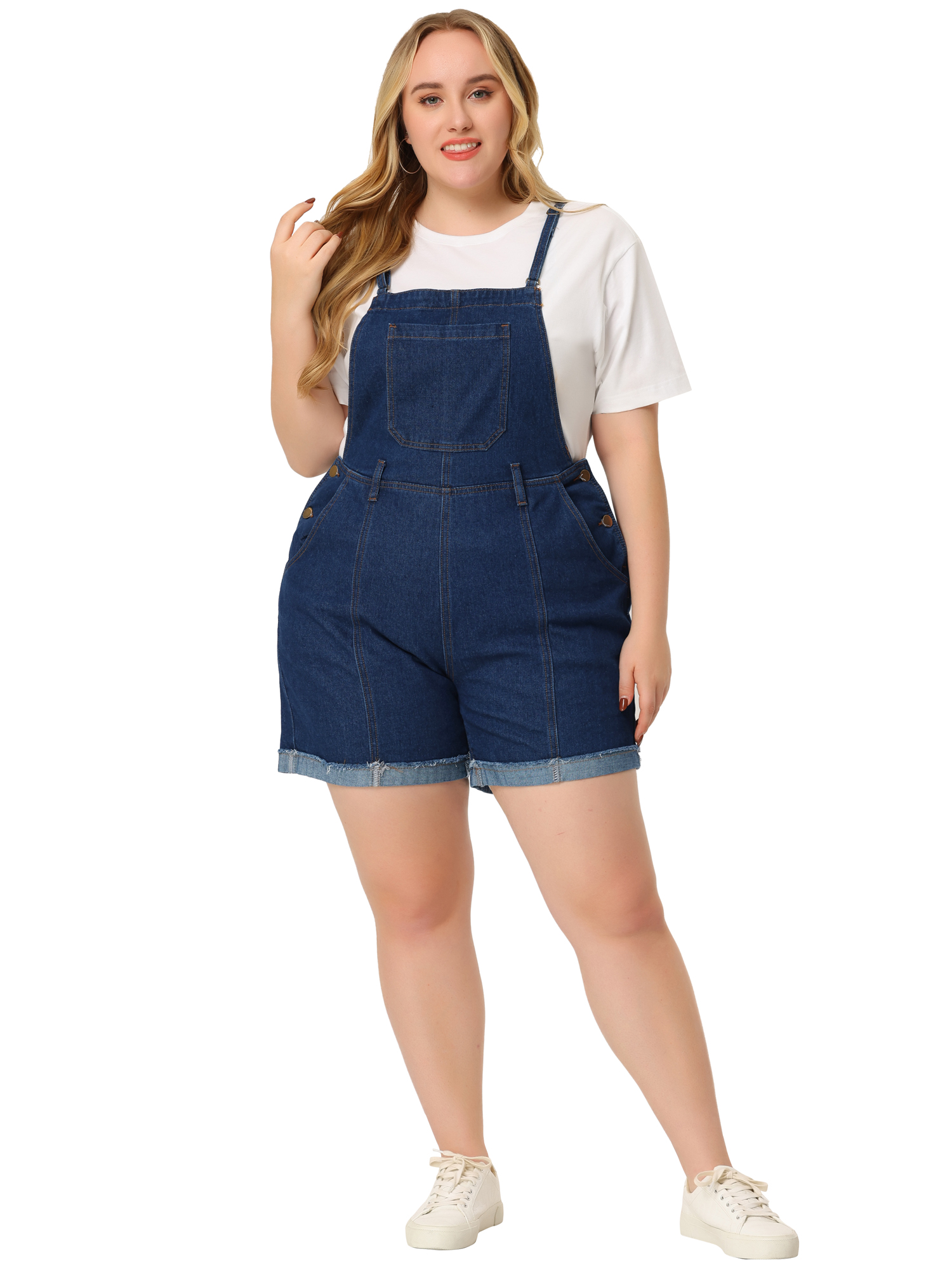 Unique Bargains Plus Size Overalls Denim Pants for Women Roll Ripped Raw Hem Chambray Shorts Pants