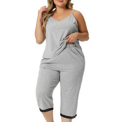 Unique Bargains Plus Size Pajamas Sets for Women Lace Trim V-Neck Cami Top Capri Pants Elastic Soft Nightwear Sleepwear