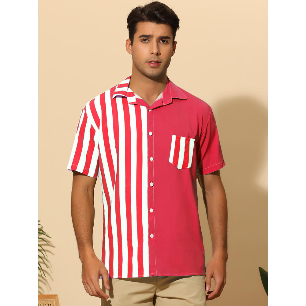 Unique Bargains Patchwork Striped Shirts for Men's Chest Pocket Color Block Short Sleeve Hawaiian Shirt