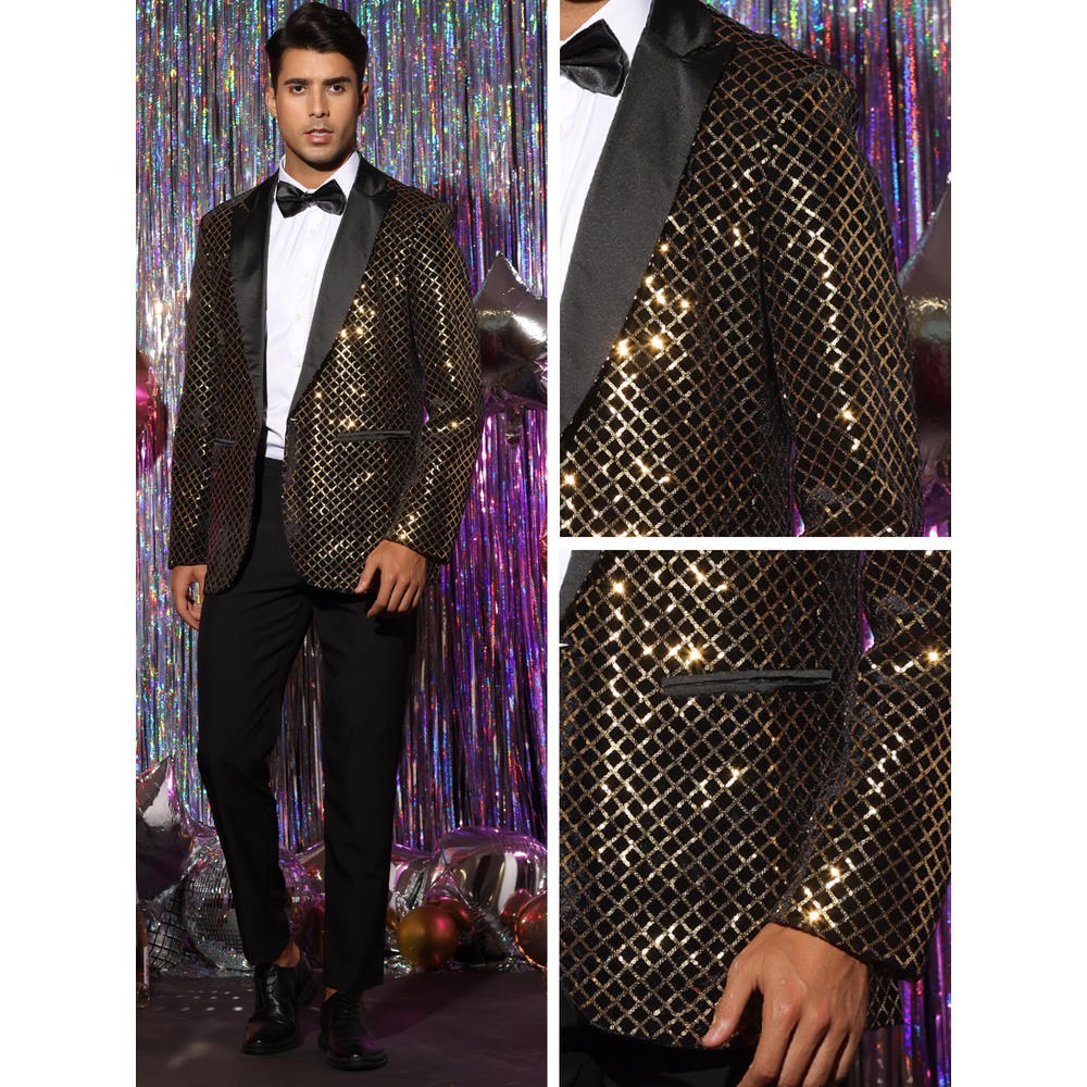 Unique Bargains Sequin Blazer for Men's Peak Lapel Prom Party Shining Plaid Sports Coat