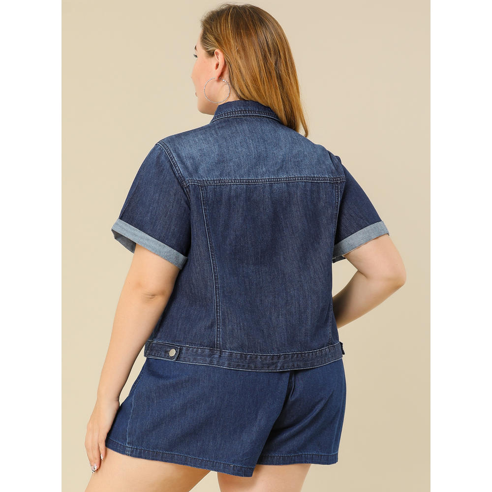 Unique Bargains Agnes Orinda Women's Plus Size Denim Jacket Button Crop Short Sleeve Jackets