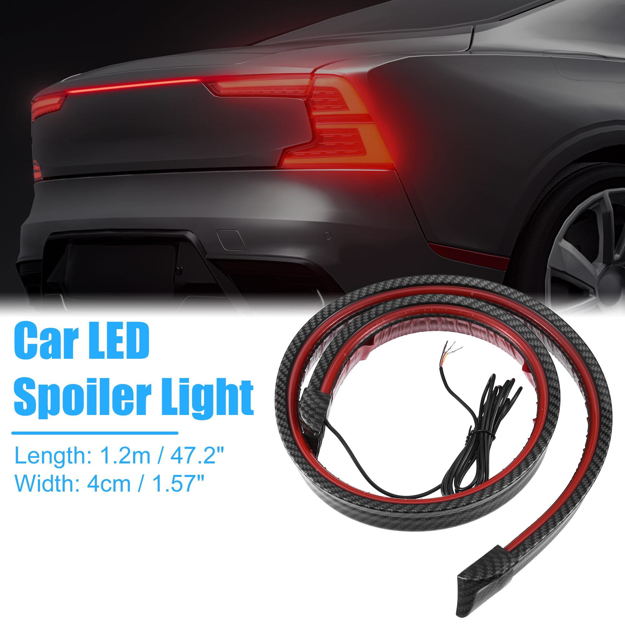 Unique Bargains Car Spoiler Lip with Red LED Brake Light 1.2m Tail Light Carbon Fiber Pattern