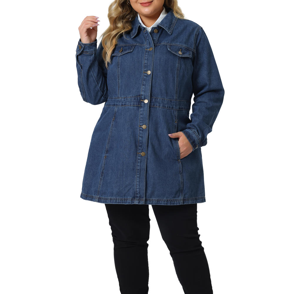 Unique Bargains Plus Size Denim Jacket for Women Buttons Long Sleeve Jean Jackets