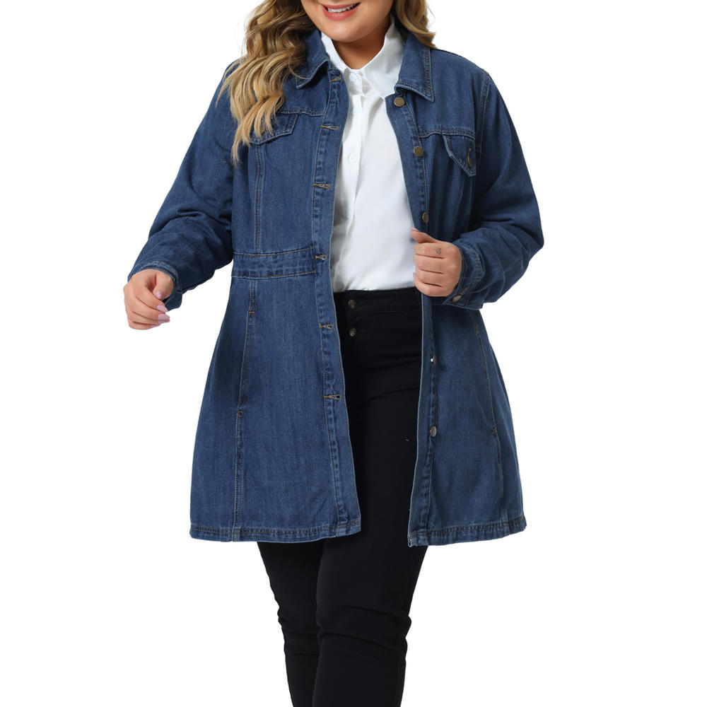 Unique Bargains Plus Size Denim Jacket for Women Buttons Long Sleeve Jean Jackets