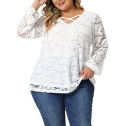 Unique Bargains Lace Blouse for Women Plus Size Sheer Long Sleeve Elastic Cuff Layer Cross V Neck Tops